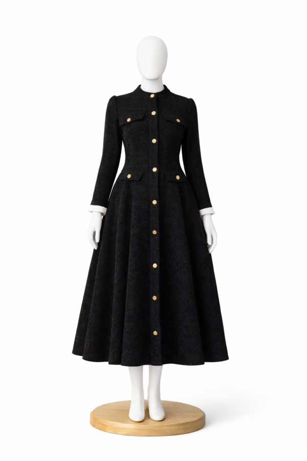 فستان تويد كلاسيك فاخر – تصميم أنيق بأزرار ذهبية