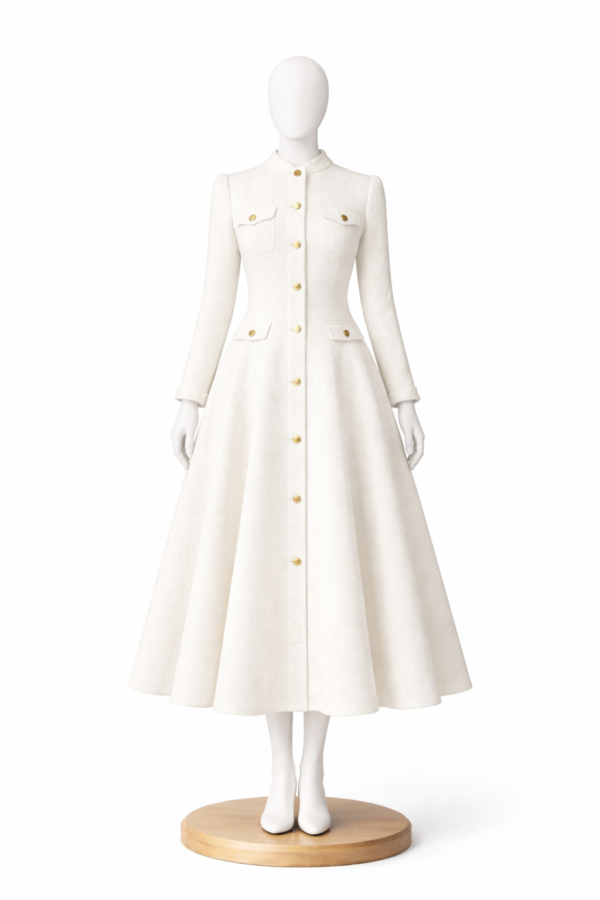 فستان تويد كلاسيك فاخر – تصميم أنيق بأزرار ذهبية