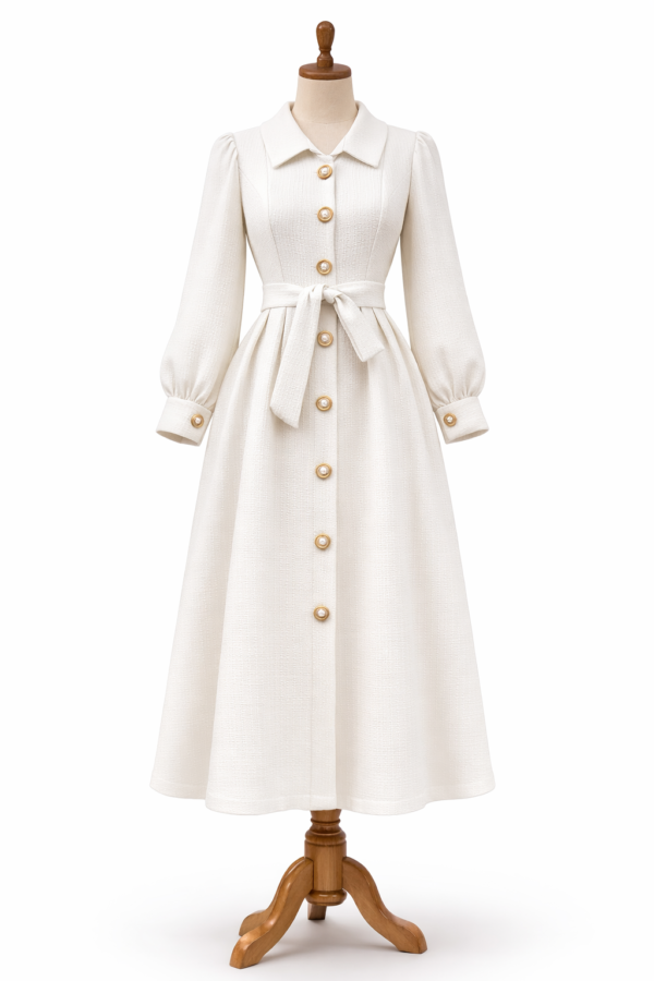 فستان أبيض بتصميم كلاسيكي مع أزرار لؤلؤية