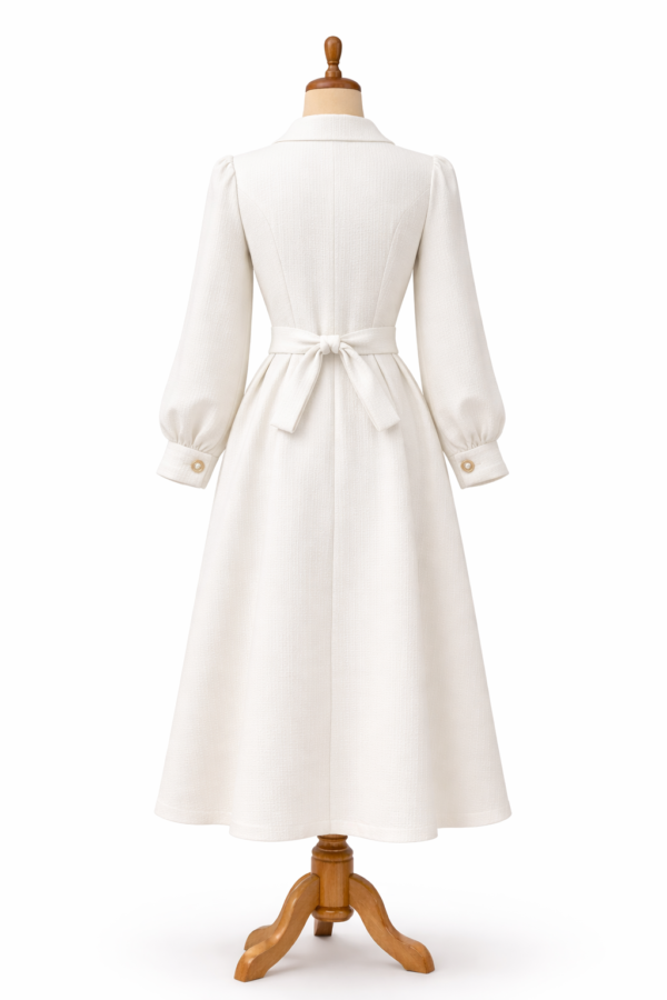 فستان أبيض بتصميم كلاسيكي مع أزرار لؤلؤية