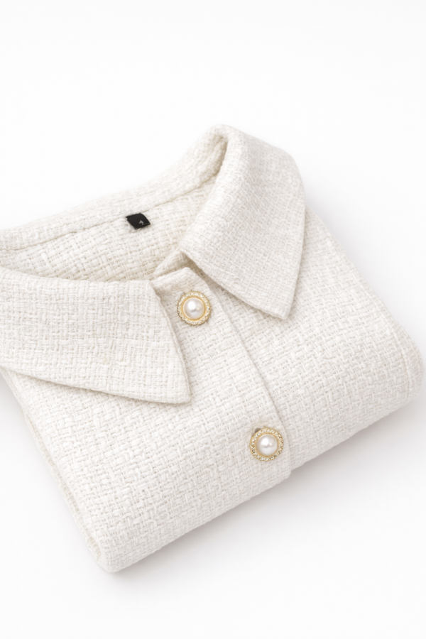 فستان أبيض بتصميم كلاسيكي مع أزرار لؤلؤية