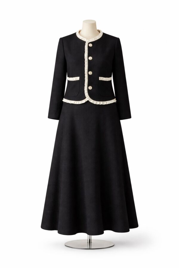 طقم فاخر (جاكيت بتفاصيل فريلات + تنورة ميدي)