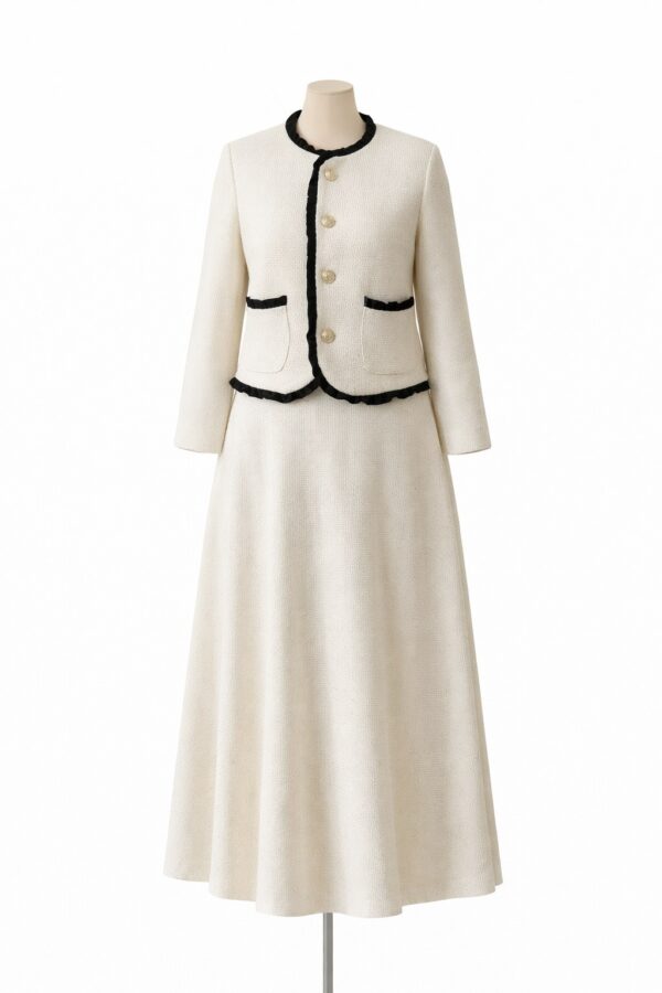 طقم فاخر (جاكيت بتفاصيل فريلات + تنورة ميدي)