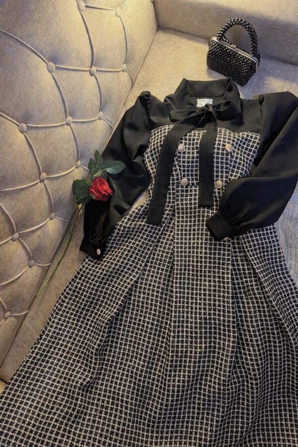 فستان ميدي أسود بتصميم تويد مع ياقة فيونكة