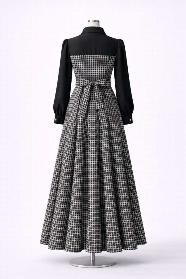 فستان ميدي أسود بتصميم تويد مع ياقة فيونكة