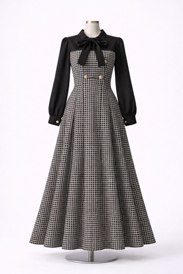 فستان ميدي أسود بتصميم تويد مع ياقة فيونكة