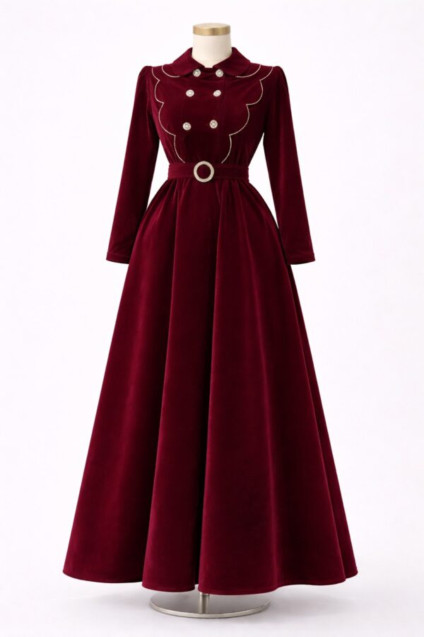 فستان مخملي فاخر بحزام معدني وتصميم ملكي