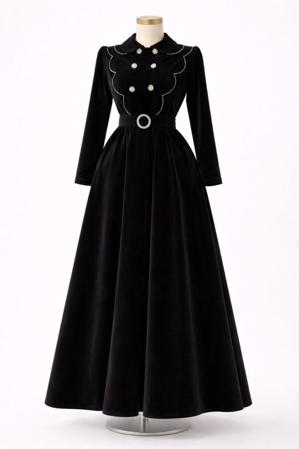 فستان مخملي فاخر بحزام معدني وتصميم ملكي