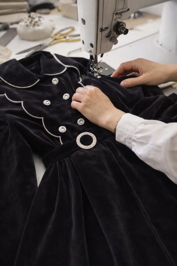 فستان مخملي فاخر بحزام معدني وتصميم ملكي